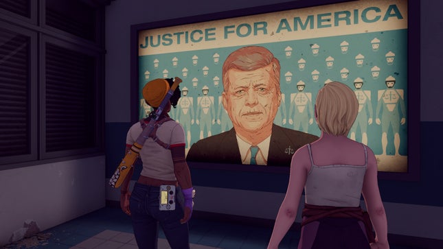 Parks looked at a sign depicting John F. Kennedy Sr., a symbol of American justice.